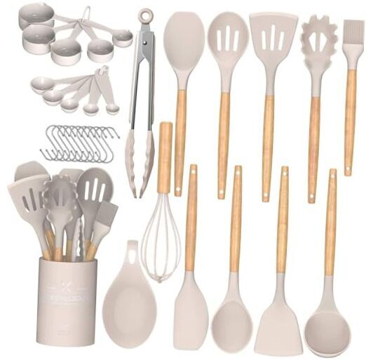 Kitchen Cooking Utensils Set, 33 pcs Non-Stick Silicone Cooking Kitchen Khaki