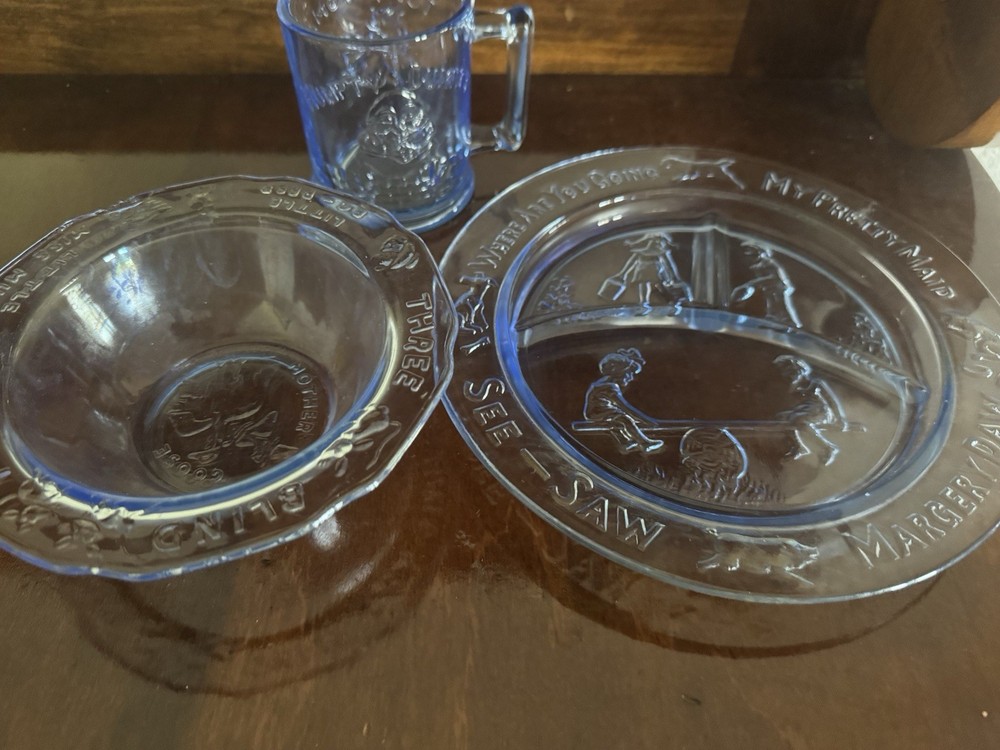 Tiara Indiana Glass Blue Nursery Rhyme Plates Glass Bowl Plate Set
