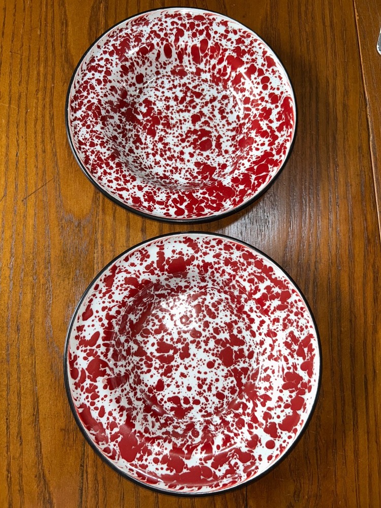 Lot of 2 CGS International RED & WHITE 8”  Salad Bowl Plate SPLATTER Enamel Ware