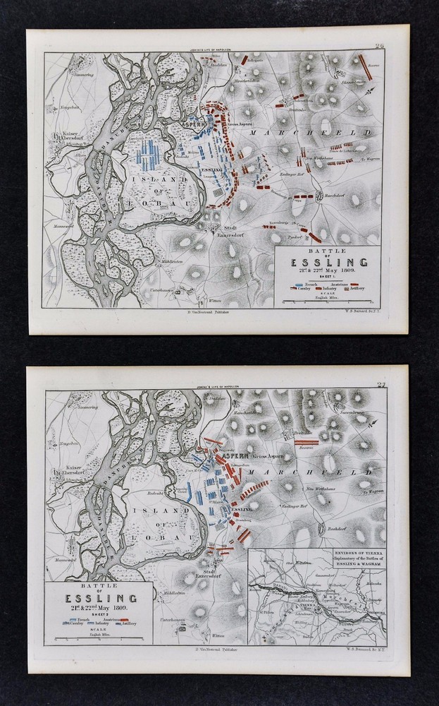 1864 Jomini Napoleon Military 2 Maps - Battle of Essling Aspern - Vienna Austria
