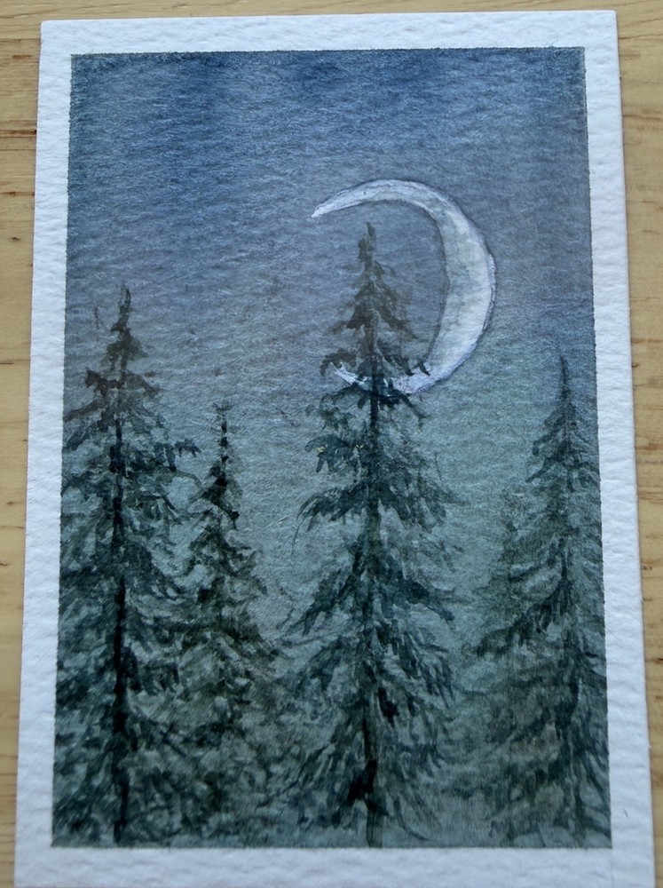 ACEO Original Art Card Watercolor Painting abstract night sky forest 2.5 X 3.5-image