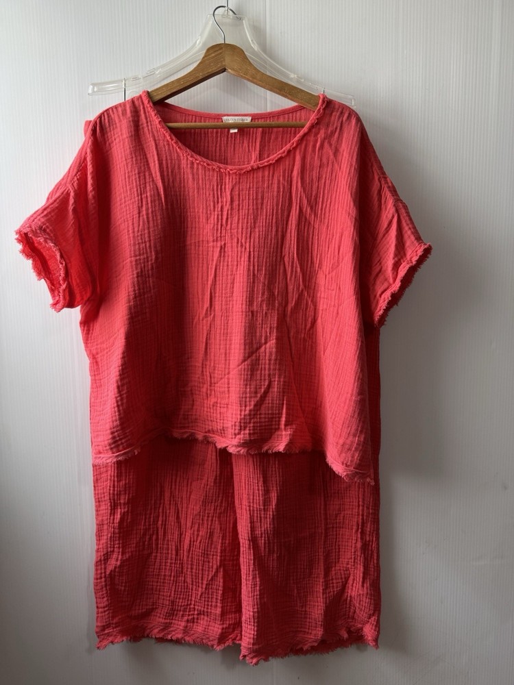 Eileen Fisher Orange Coral Organic Cotton Gauze Wide-Leg Pant & Top 2Pc Set L