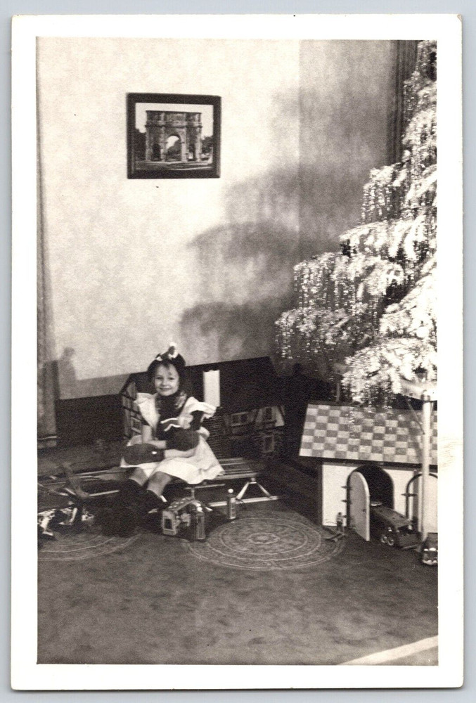 Vintage Christmas Photo Picture Photograph Cute Girl Dress Toys Tree Home 1939