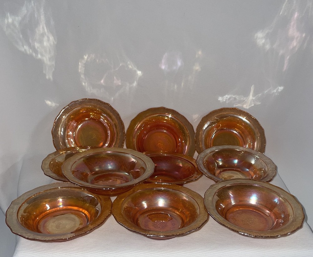 Vtg Federal Glass Normandie Marigold Carnival Set of 10 Berry/Dessert Bowls 5x1