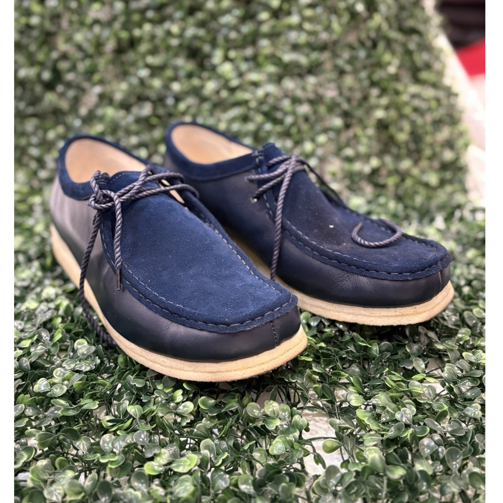 Men’s Blue Leather Moccasin Moc Toe Lace-Up Casual Shoes Round Toe Size 13