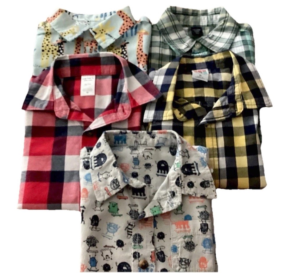 Toddler Boy Size 3T Lot Of 5 Collared, Button Up S/S Novelty, Plaid Shirts VGUC