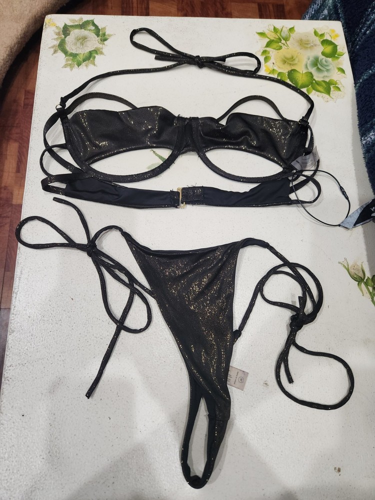 Fashion Nova XL Shimmering Black Bikini w/ Cutout Top & Matching String Thong