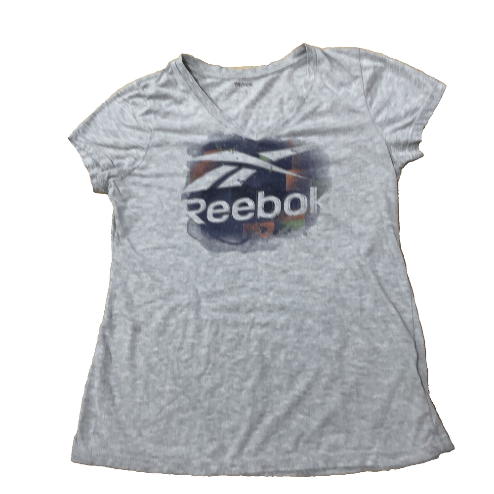 REEBOK Shirt Womens M Gray Abstract Colorful 90s Y2k Style Graphic Vneck Tee M-image