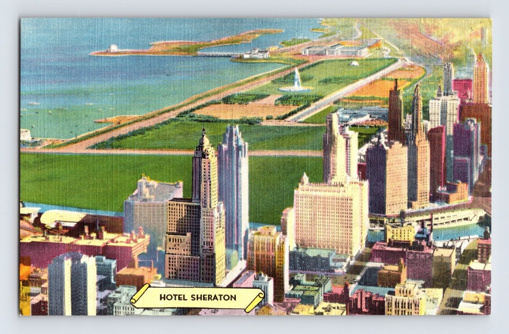 Postcard Illinois Chicago Il Hotel Sheraton Aerial Downtown 1940s Unposted Linen