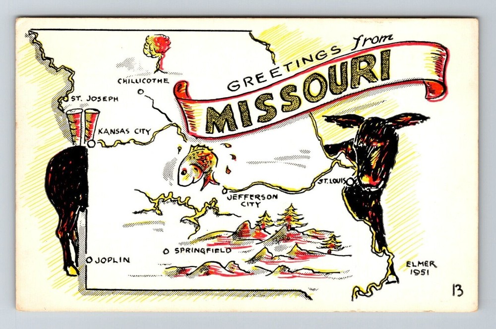 MO-Missouri, Scenic Map Greetings, Landmarks, Donkey, Fish, Vintage Postcard