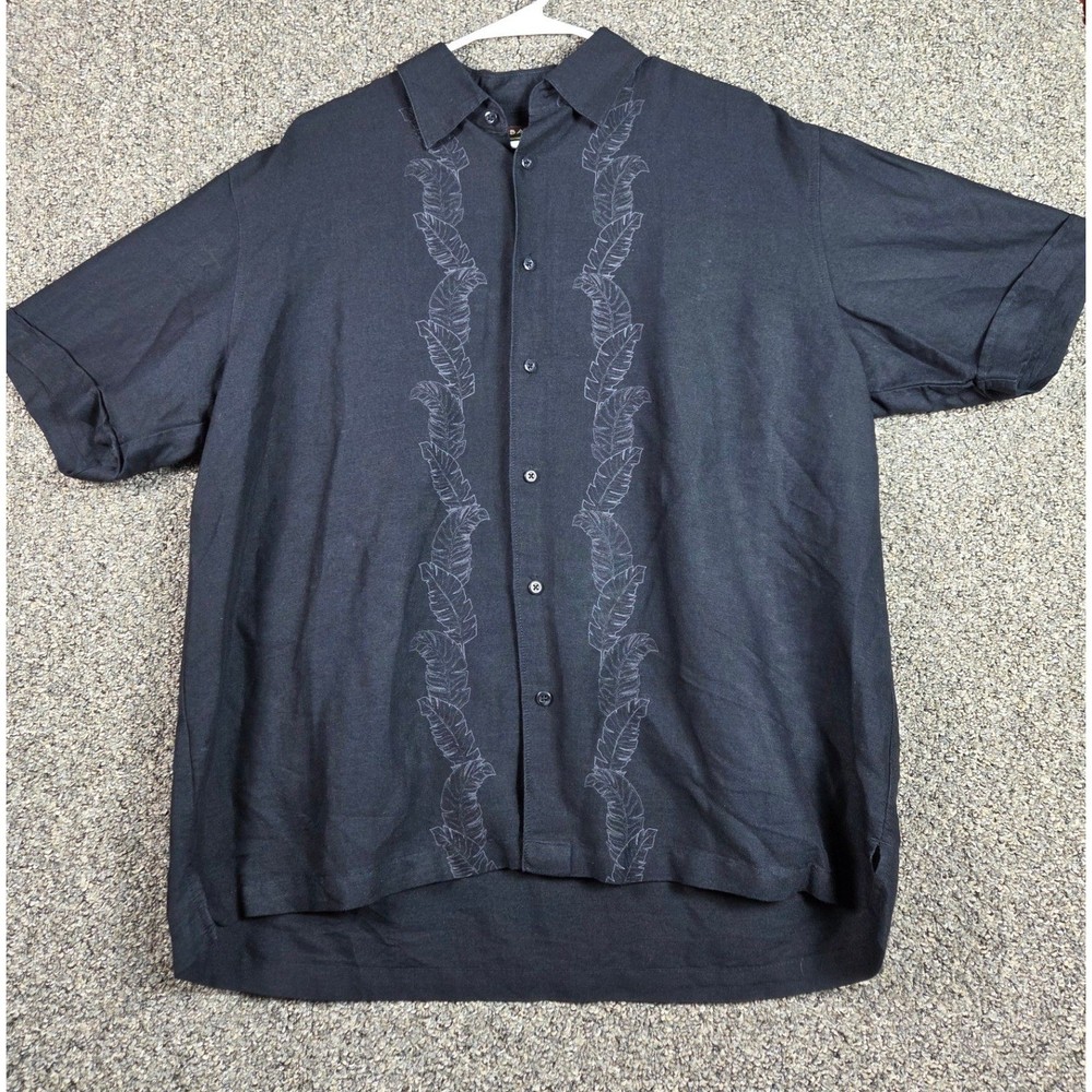Cubavera Guayabera Shirt Mens XL Black Embroidered Leaf Short Sleeve Relaxed