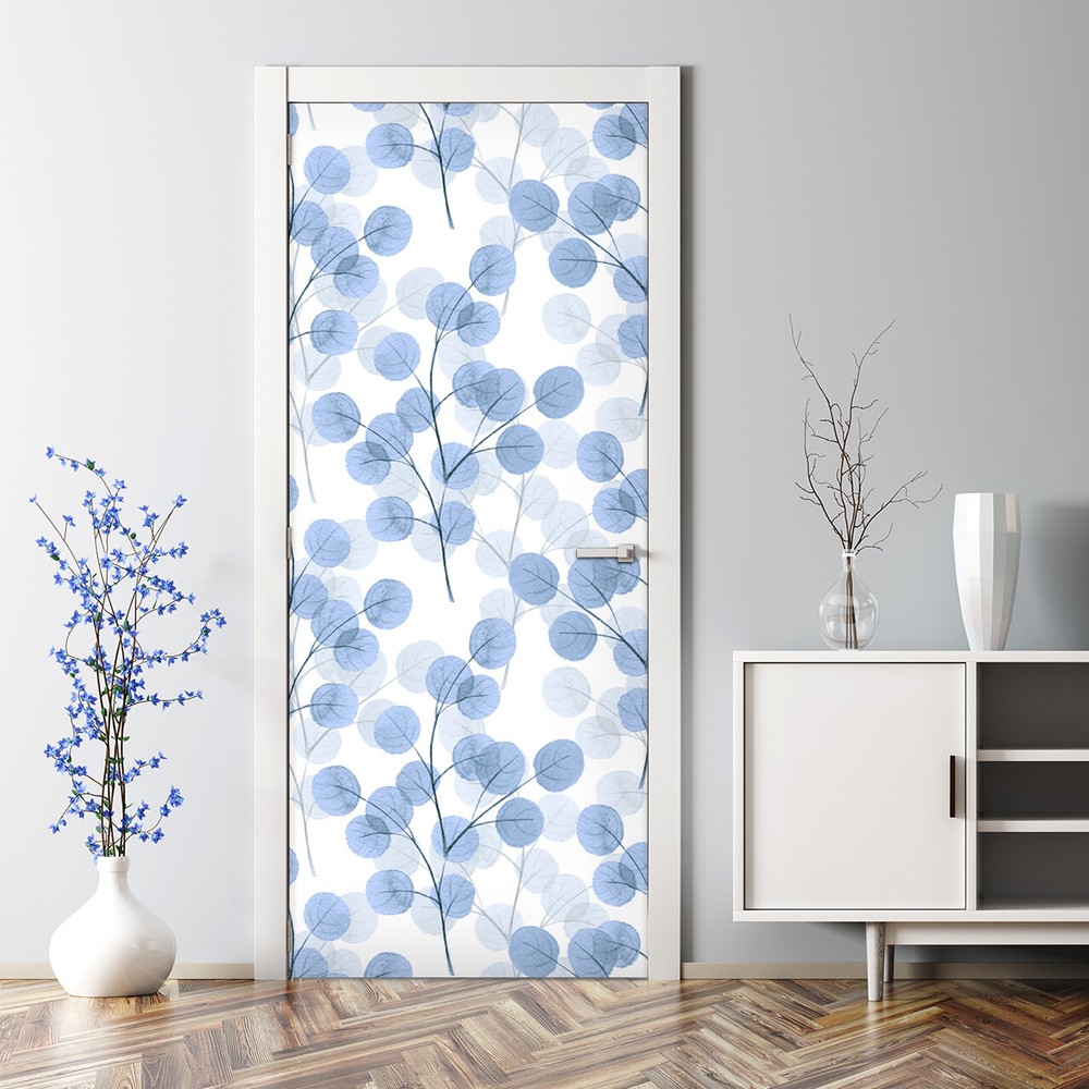 Removable Door sticker Branch with round blue leaves Watercolour self adhesive