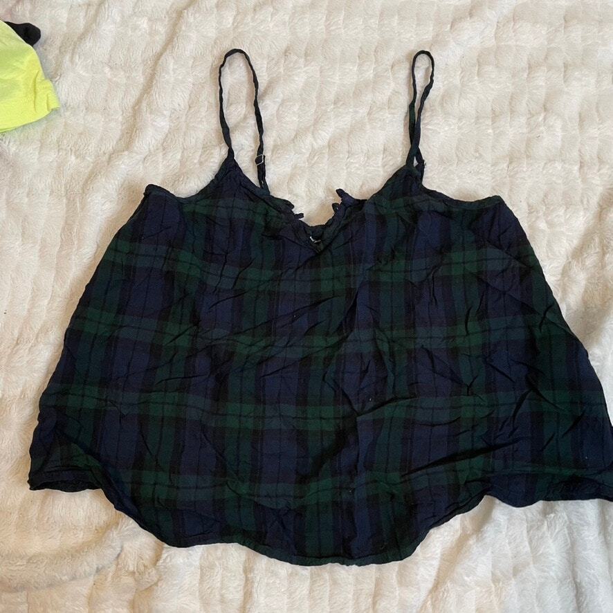 HOLLISTER Extra Small Plaid Green Black Tank Top Adjustable Straps Missing Ties