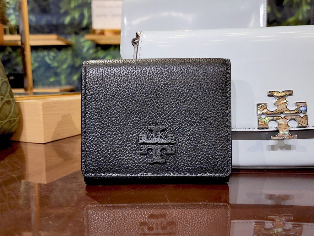 Latest Tory Burch Thea Black Pebbled Leather Tri-Fold Compact Wallet 169967