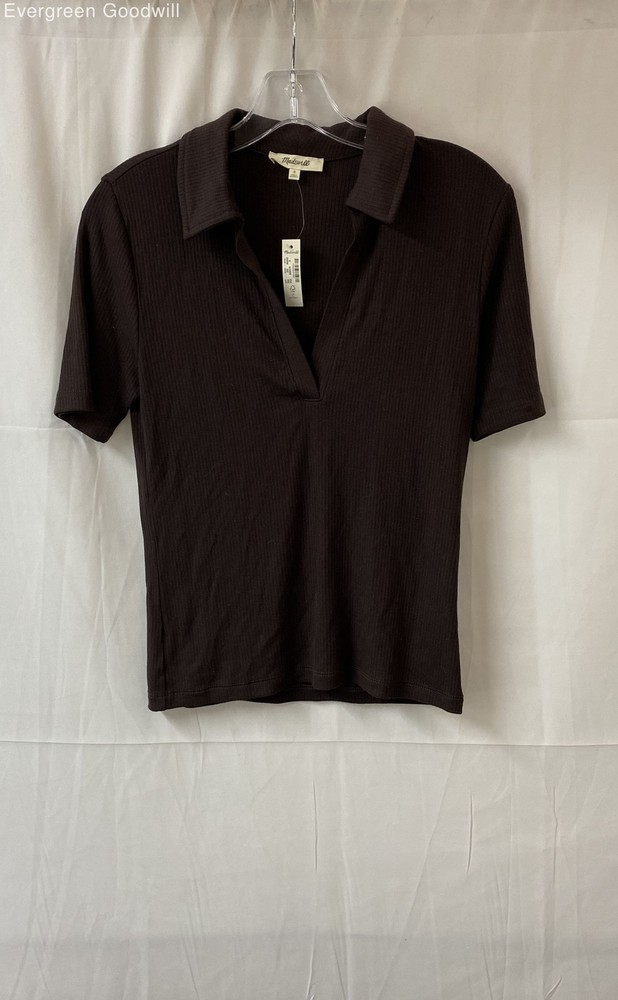 NWT Madewell Women's Brown Ribbed Short Sleeve Collared Polo Shirt Size S