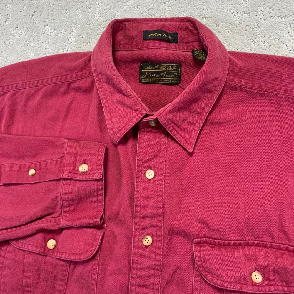 Vintage Eddie Bauer Mens Rufton Twill Button Up Shirt Size XL Red Cotton