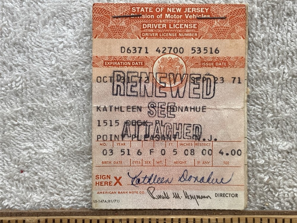 1971 Vintage Donahue New Jersey Forked River Driver’s License