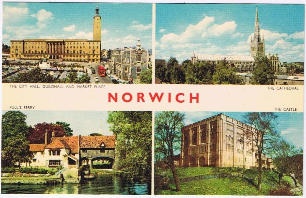 Postcard Norwich City Hall Pull's Ferry Cathedral Castle Norwich UK