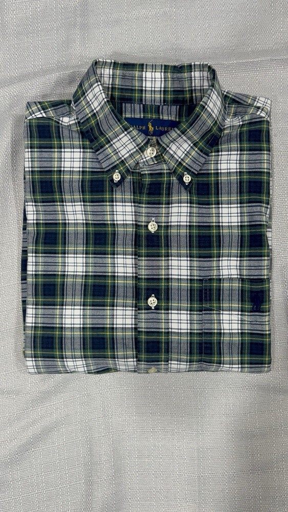 Ralph Lauren Men's Plaid Shirt Green Blue Cotton Button-Down Long Sleeve M