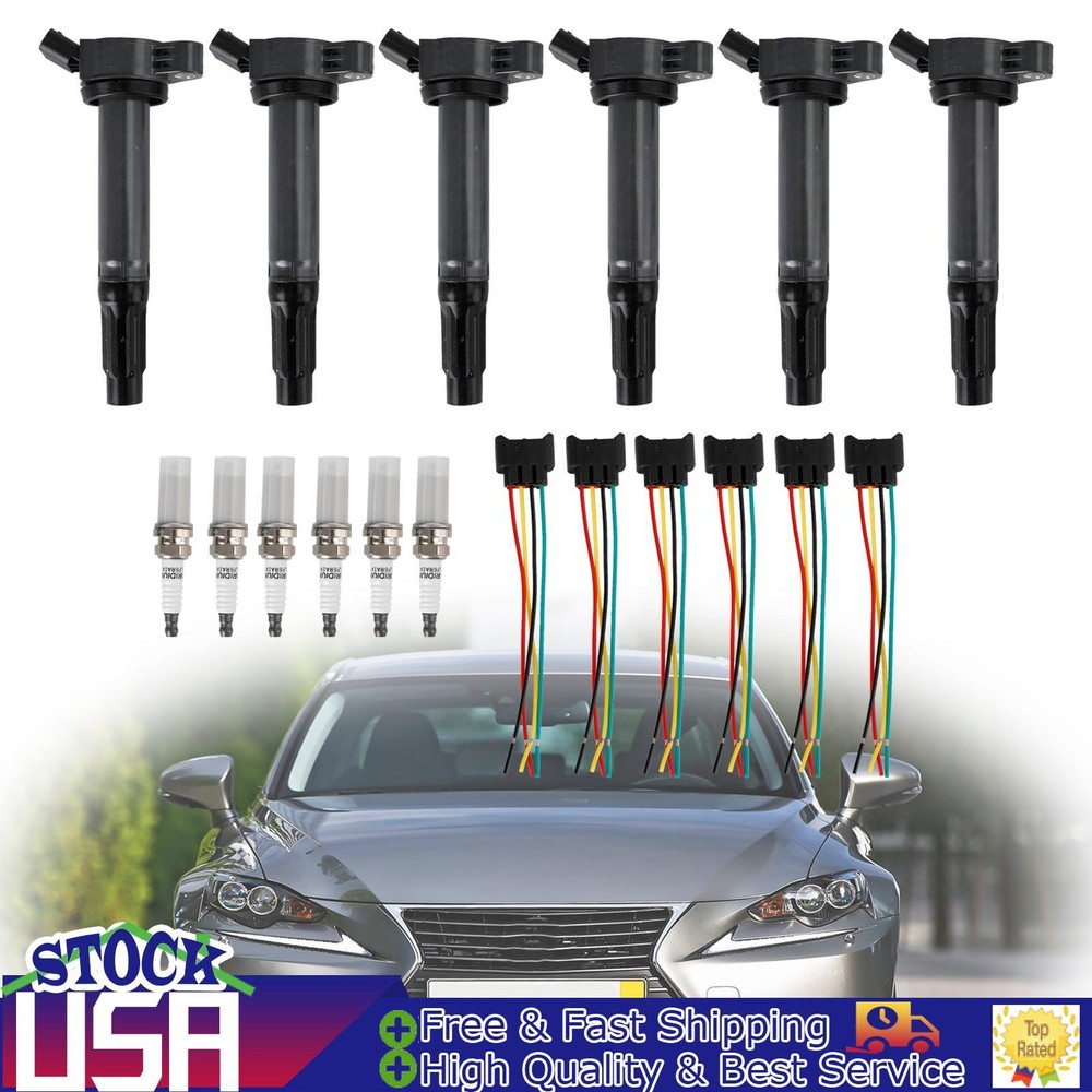 6 Ignition Coils+Connectors+Spark Plug UF487 90919-02251 For Toyota Sienna 3.5L