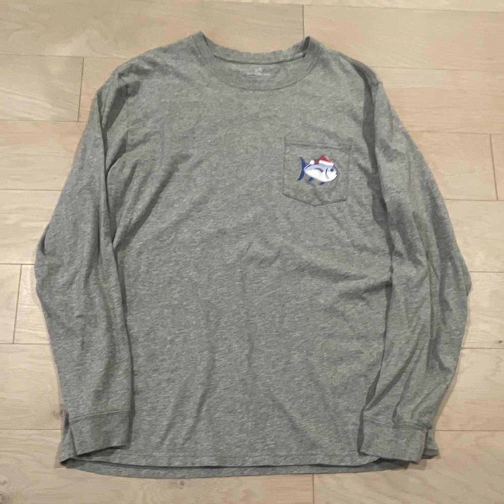 Southern Tide Men's Gray Long Sleeve Crew Neck Pocket Graphic T-Shirt L Cotton