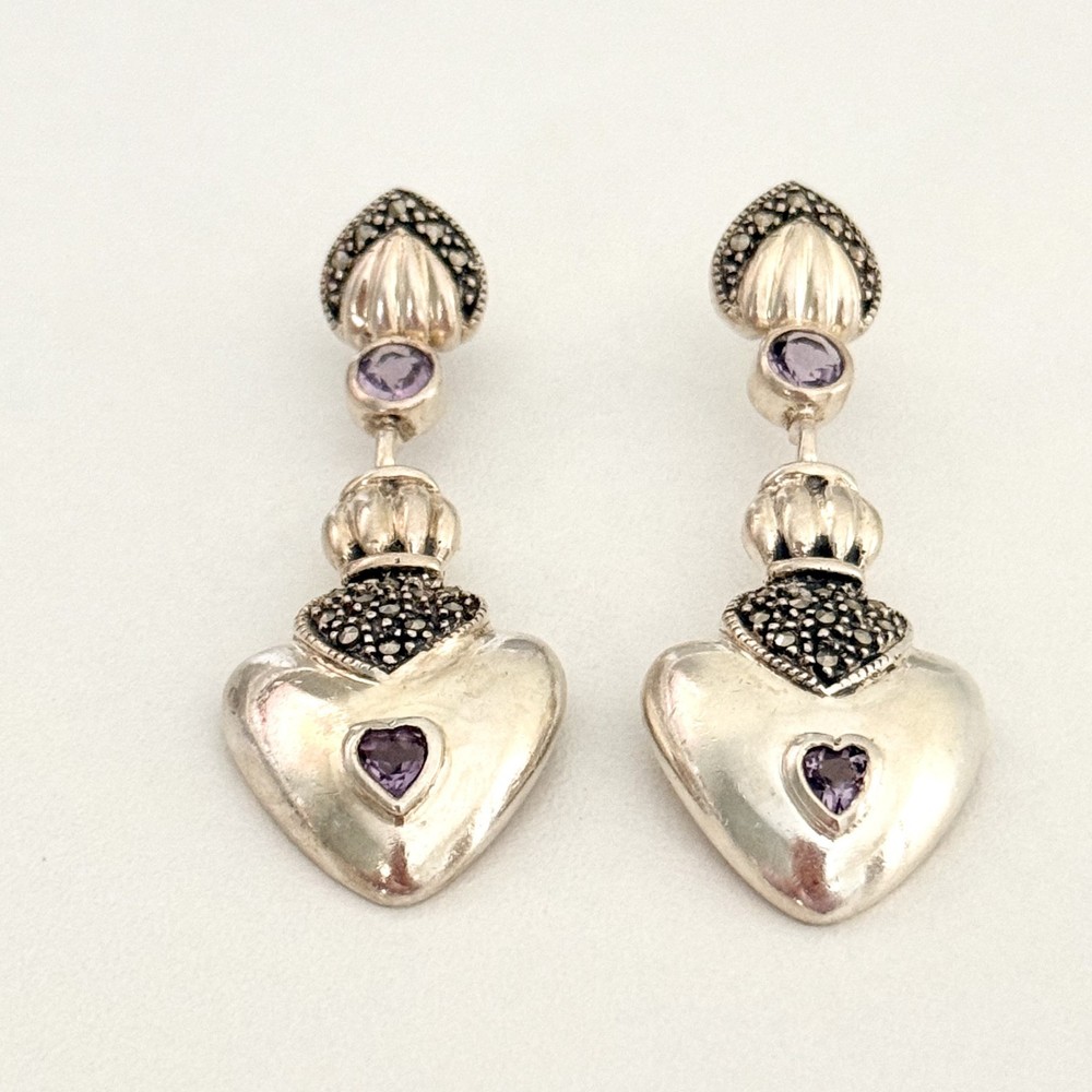 Vintage 925 Sterling Silver Amethyst Marcasite Heart Dangle Drop Earrings 2