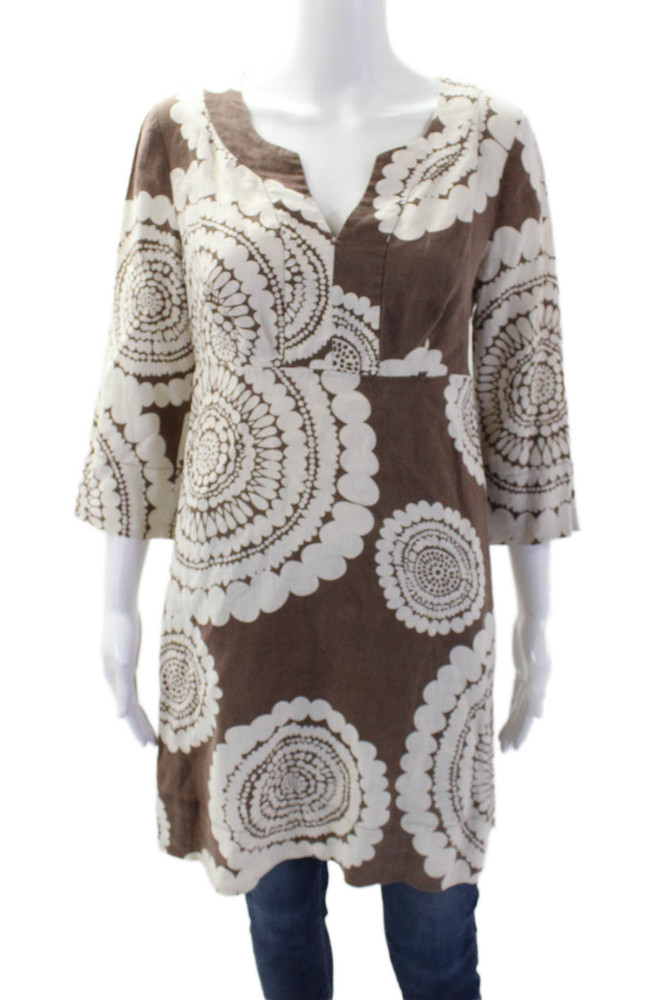 Boden Women's Round Neck 3/4 Sleeves Linen Floral Tunic Blouse Brown Size SFree Shipping in US $100+ Orders | $6.95 Orders Below