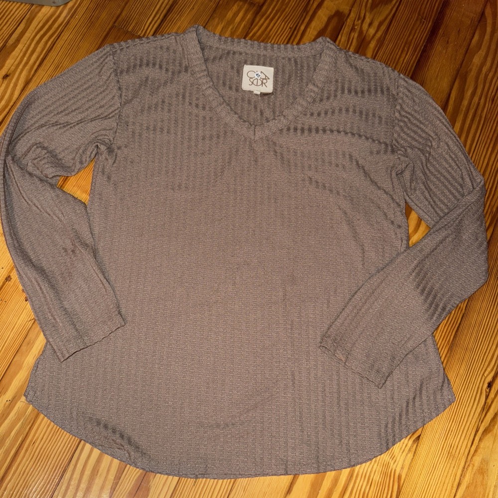 Chaser Brown V-neck Textured Waffle Knit Long Sleeve Top Women's Small