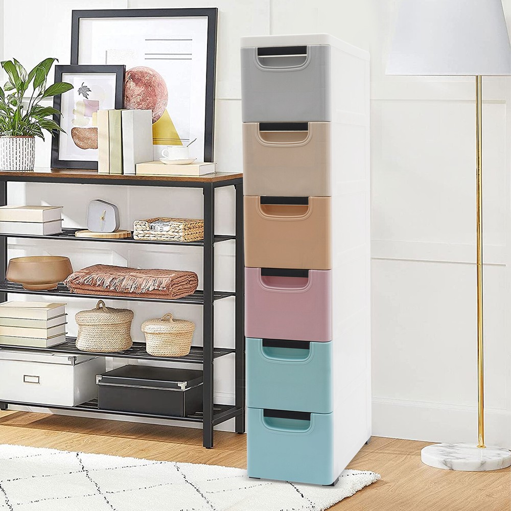 6-Drawer Slim Storage Cabinet with Wheels 15.7x7.9x39.4in for Tight Spaces