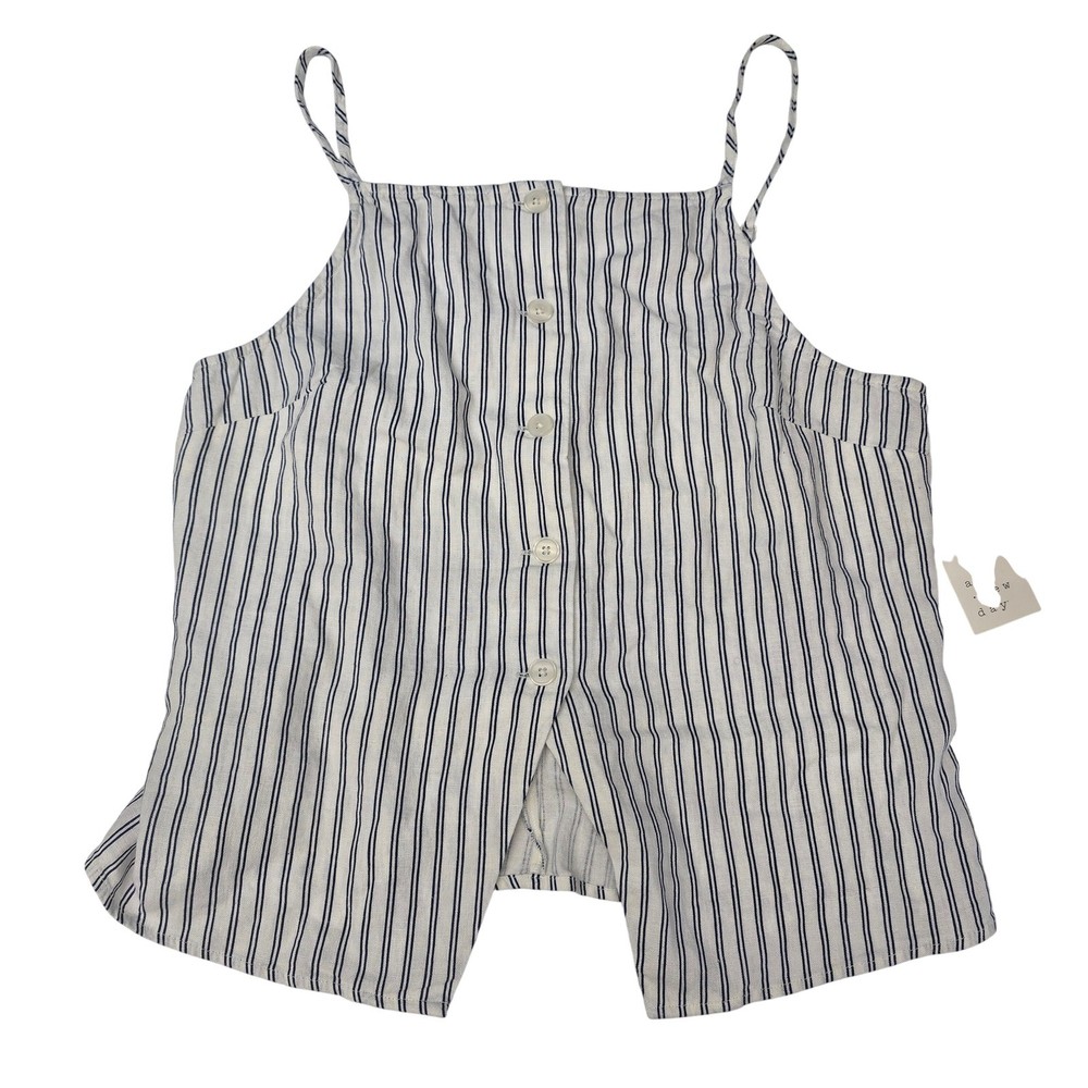 A New Day Womens Navy White Striped Linen Blend Button Front Cami Top Large NEW