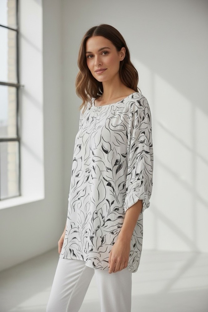 Loft Women’s Size XL Long Roll Tab Sleeve Round Neck White Black Blouse
