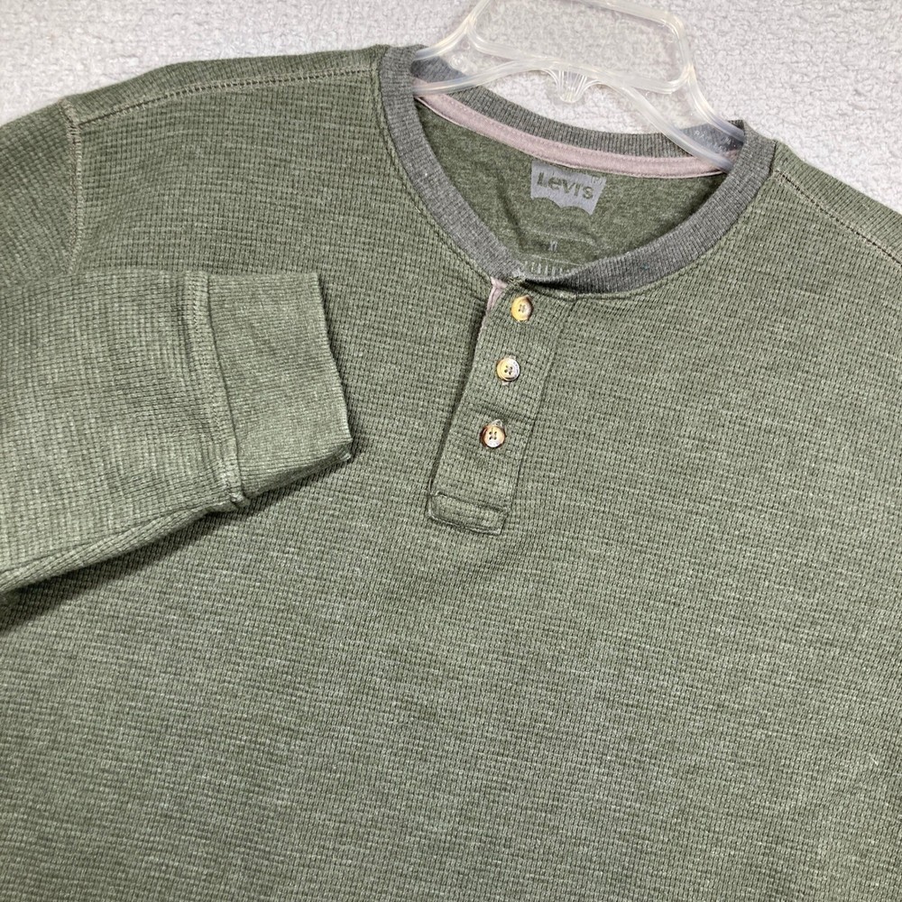 Levi's Henley Shirt Mens XL Olive Green Waffle Knit Long Sleeve Thermal 3-Button