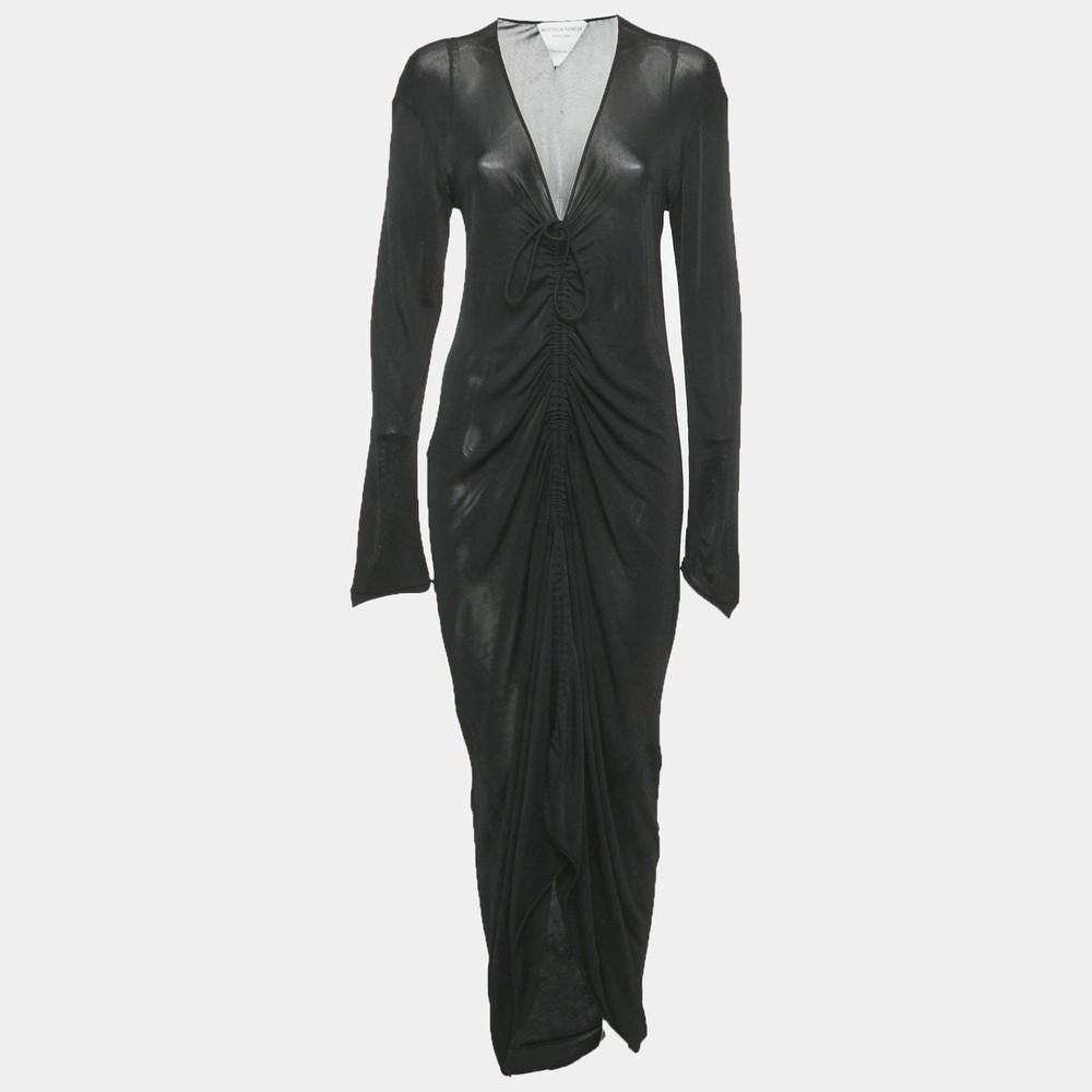 Bottega Veneta Black Stretch Knit Ruche Midi Dress S
