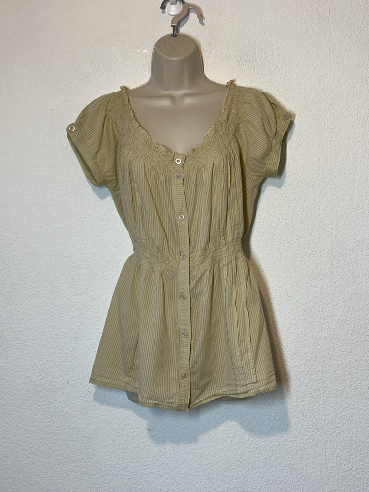 VTG Y2K Dots Beige Top Brown Pin Stripe Cap Sleeve Smocked Waist Cottagecore
