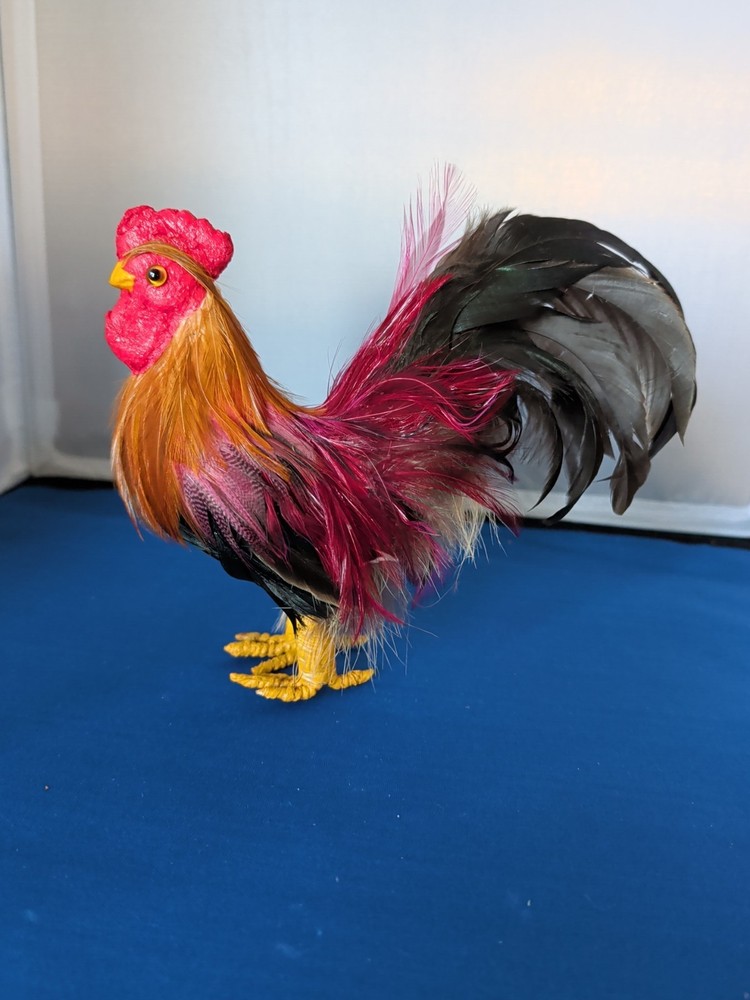 Realistic Feather Rooster Figurine Brown Black Red Orange Animal Décor