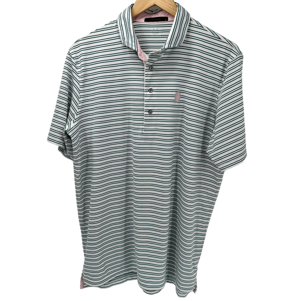 Greyson Polo Shirt Mens Large Blue Stripe Short Sleeve Golf Logo Performance