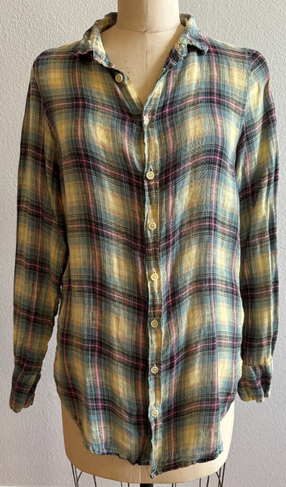 CP Shades Linen Blue Yellow Pink Plaid Button Front Shirt Tunic Size XS GUC