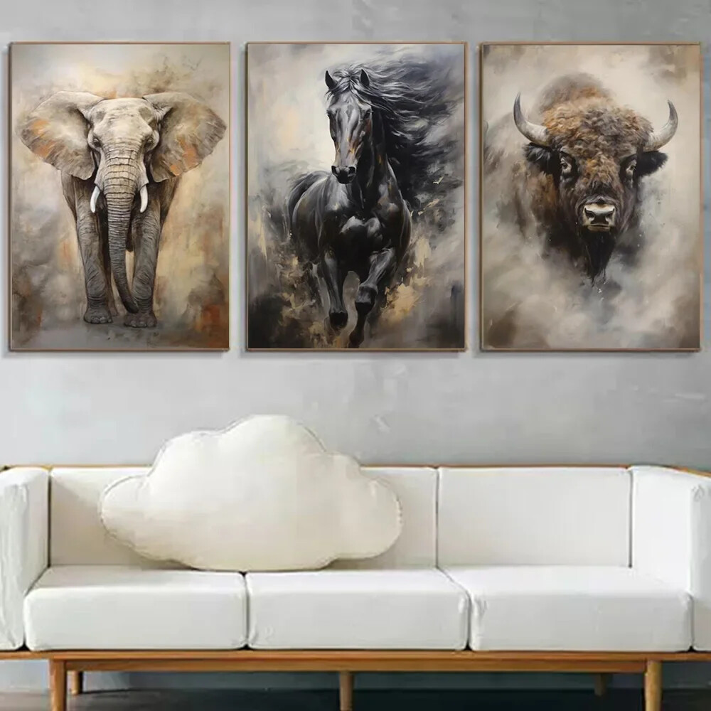 Elephants Bull Horses  Poster Canvas Painting Wall Art Print Picture Home Decor