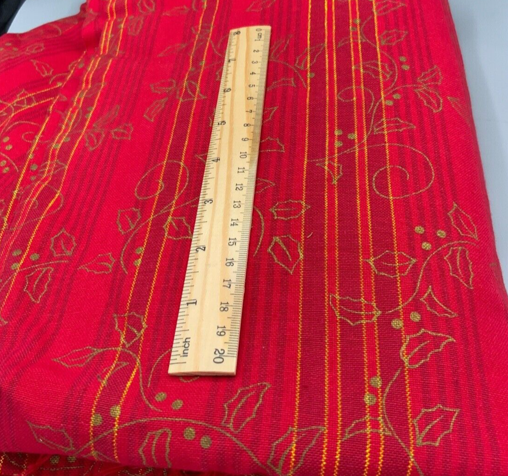 HEAVY RED BACKGROUND GOLD & GOLD THREADS MISTLETOE CHRISTMAS Cotton Fabric