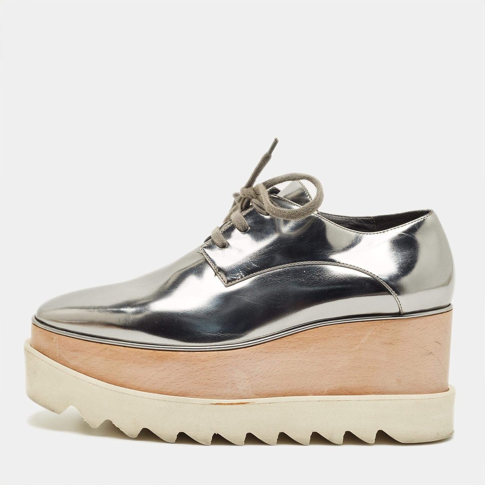Stella McCartney Elyse Size 35.5 Metallic Grey Faux Leather Platform Derby