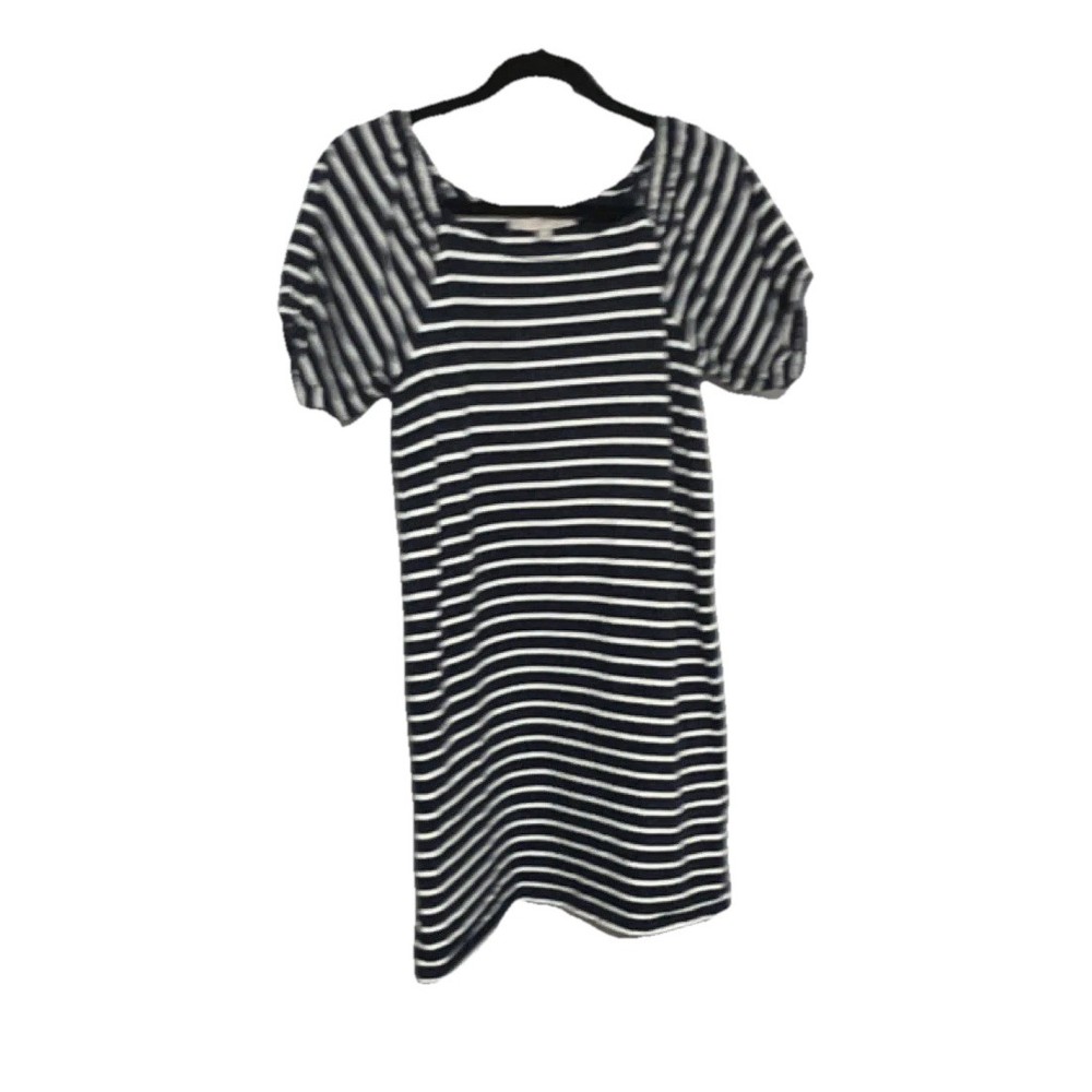 LOFT Striped Puff Sleeve Knit Shift Dress Navy White Square Neck XS