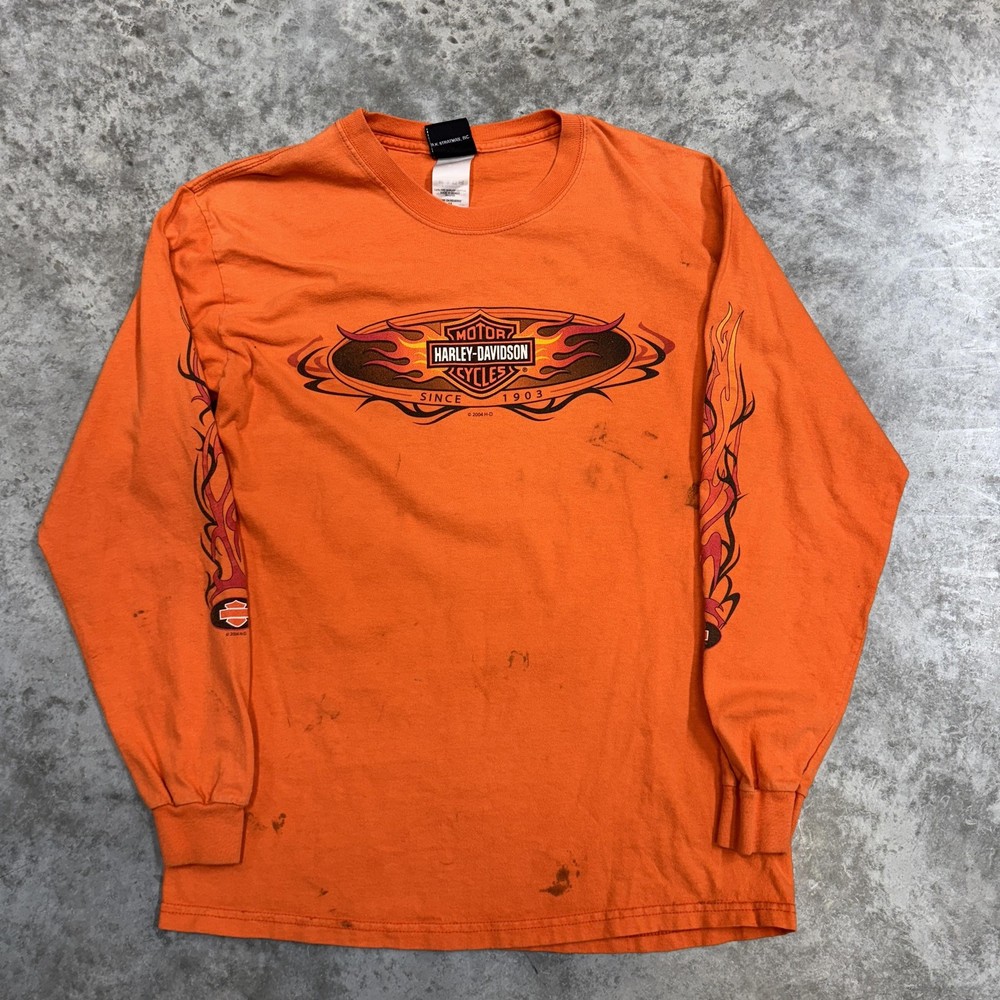 Vintage Harley-Davidson Shirt Mens Medium Orange Flames Hawaii Long Sleeve Tee