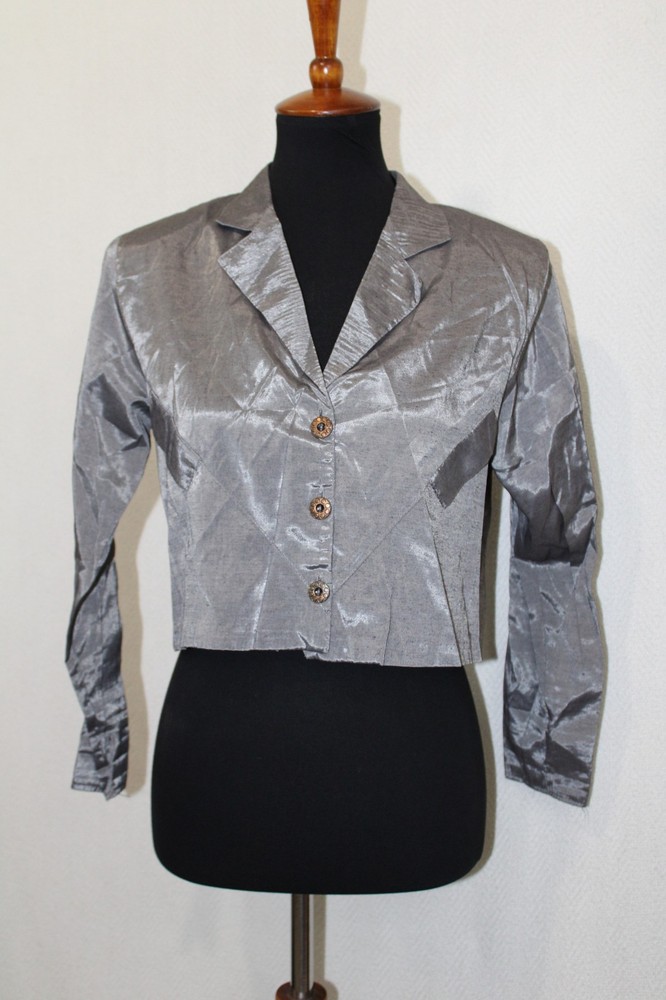 Vtg Kelly Fashion Sz M Silver Satin Buttoned Crop Bolero Jacket Shoulder Pads