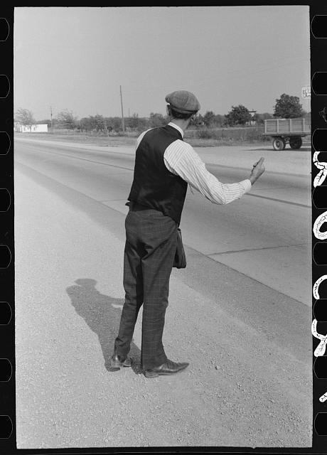 Photo:Hitchhiker at city limits of Waco,Texas,TX,McLennan County,FSA,1939