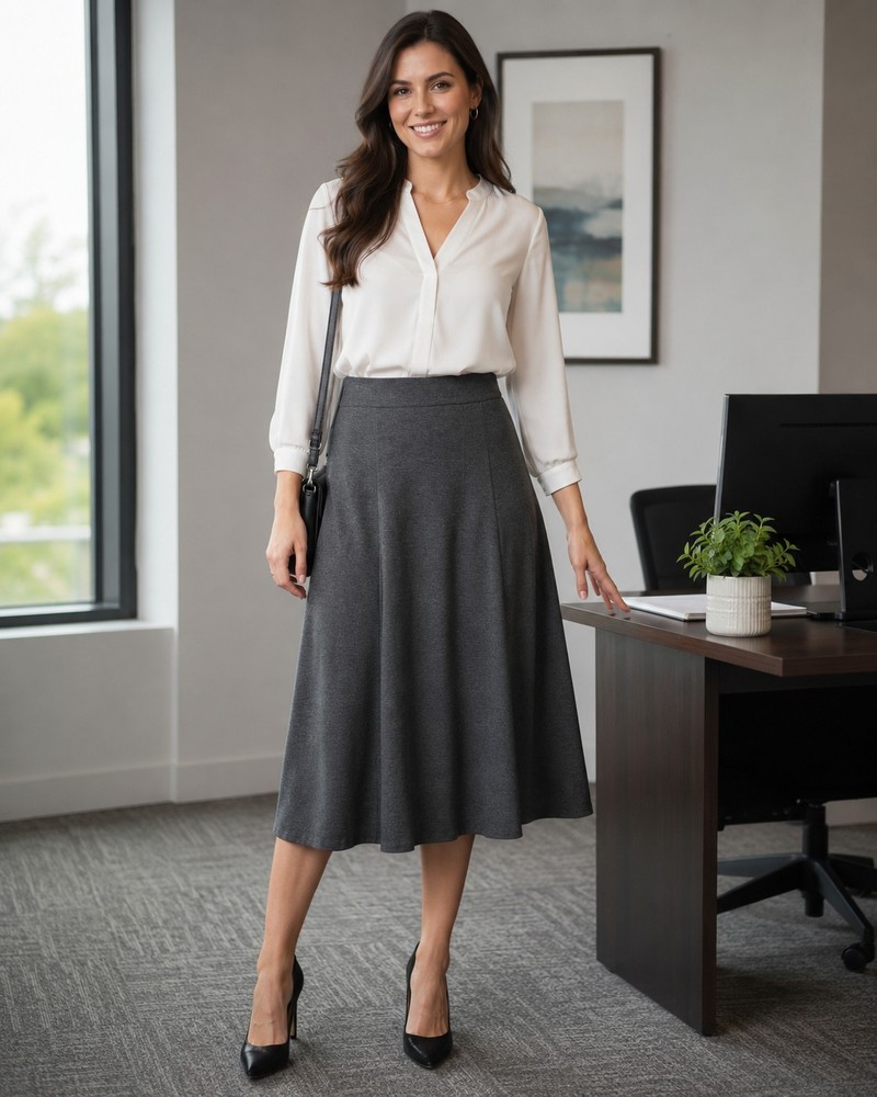 Dana Buchman Gray Knit A-Line Midi Skirt Womens Medium Stretch Pull On Career