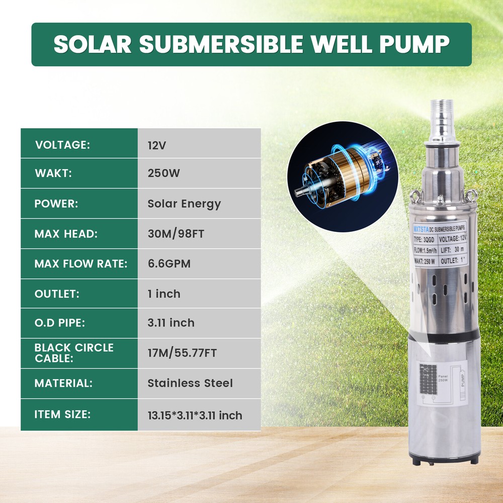 250W 12V Solar Water Pump Deep Well Solar Submersible Pump head 98FT stainless