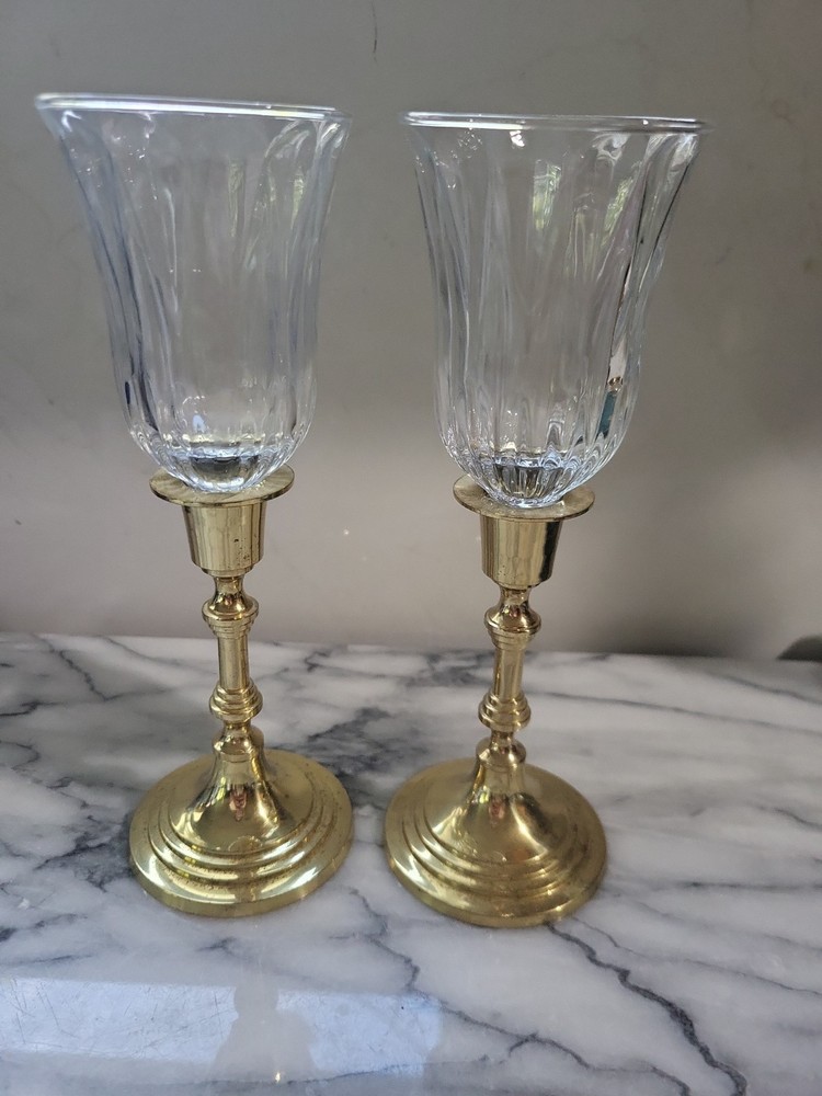 Vintage MCM Set of 2 Brass Hurricane Candle Holders Pressed Glass Diamond Globes
