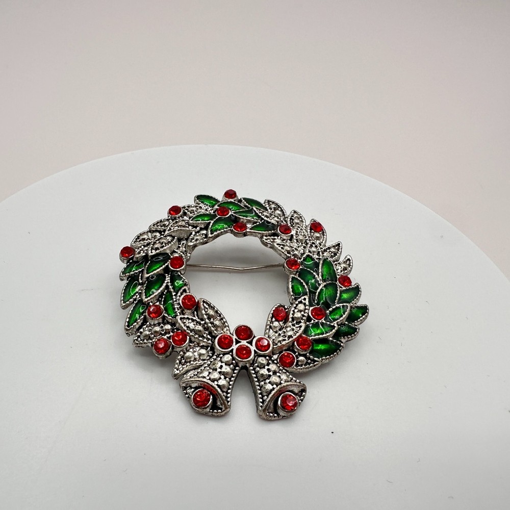 Vintage 90s Wreath Brooch Pin Silver Tone Red Green Enamel Rhinestones Jewelry