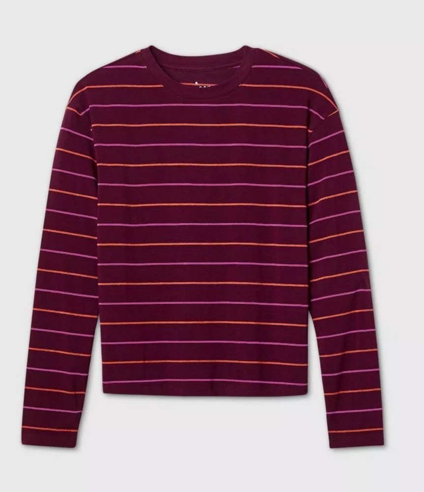 A New Day Long Sleeve Shirt Women's Burgundy Striped Large Pink Orange Stripes