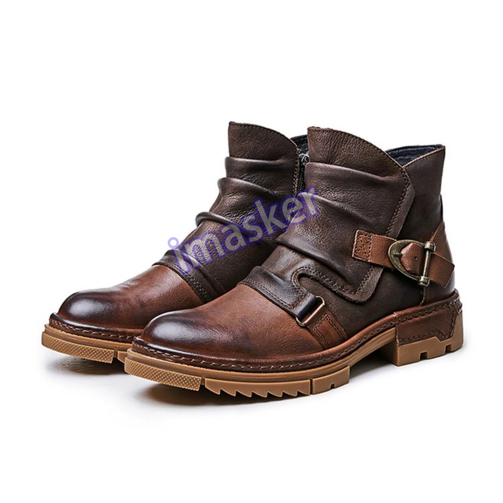 Retro Men's Pleated Motorcycle Buckle Real Leather Ankle Boots Work Shoes Zipper